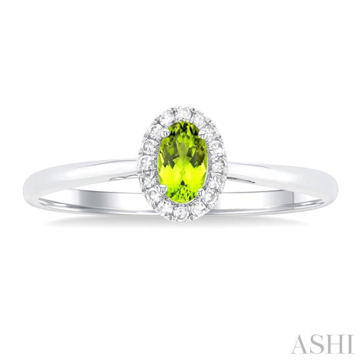 5x3 MM Oval Shape Peridot and 1/20 Ctw Single Cut Diamond Halo Semi-Precious Ring in 10K White Gold