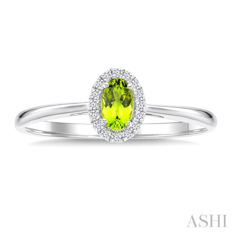 5x3 MM Oval Shape Peridot and 1/20 Ctw Round Cut Diamond Halo Semi-Precious Ring in 10K White Gold