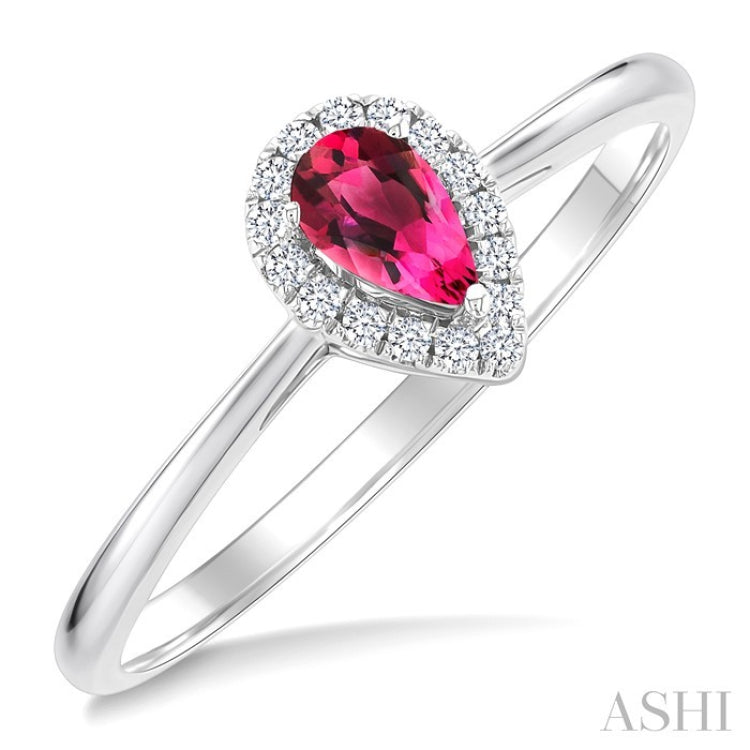 5x3 MM Pear Shape Pink Tourmaline and 1/20 Ctw Round Cut Diamond Halo Semi-Precious Ring in 10K White Gold