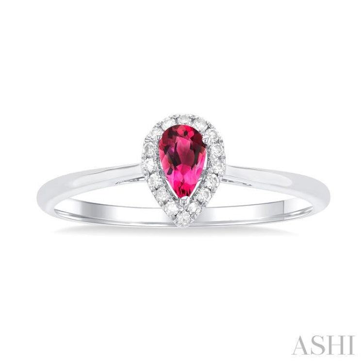 5x3 MM Pear Shape Pink Tourmaline and 1/20 Ctw Single Cut Diamond Halo Semi-Precious Ring in 10K White Gold