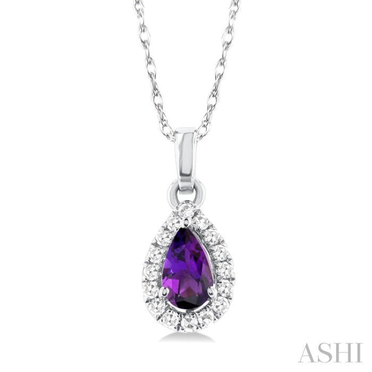 5x3 MM Pear Shape Amethyst and 1/20 Ctw Single Cut Diamond Halo Semi-Precious Pendant with Chain in 10K White Gold