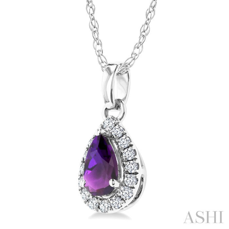 5x3 MM Pear Shape Amethyst and 1/20 Ctw Round Cut Diamond Halo Semi-Precious Pendant with Chain in 10K White Gold