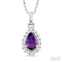 5x3 MM Pear Shape Amethyst and 1/20 Ctw Single Cut Diamond Halo Semi-Precious Pendant with Chain in 10K White Gold
