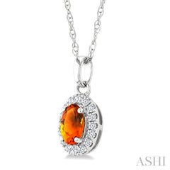 5x3 MM Oval Shape Citrine and 1/20 Ctw Round Cut Diamond Halo Semi-Precious Pendant with Chain in 14K White Gold