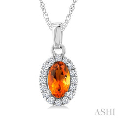 5x3 MM Oval Shape Citrine and 1/20 Ctw Round Cut Diamond Halo Semi-Precious Pendant with Chain in 14K White Gold