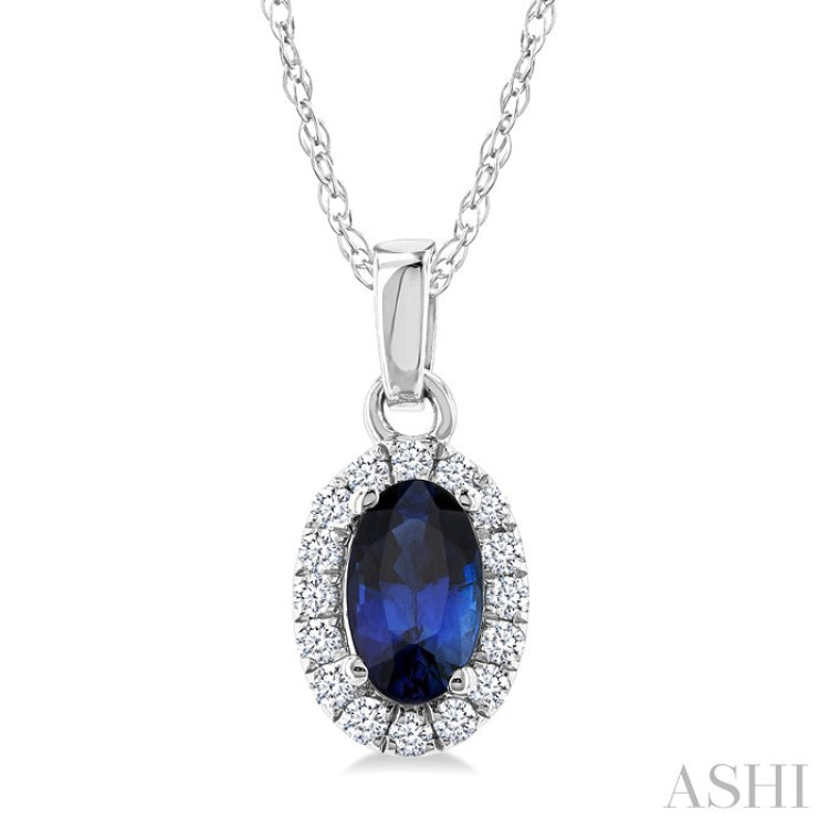 5x3 MM Oval Shape Sapphire and 1/20 Ctw Round Cut Diamond Halo Precious Pendant with Chain in 14K White Gold