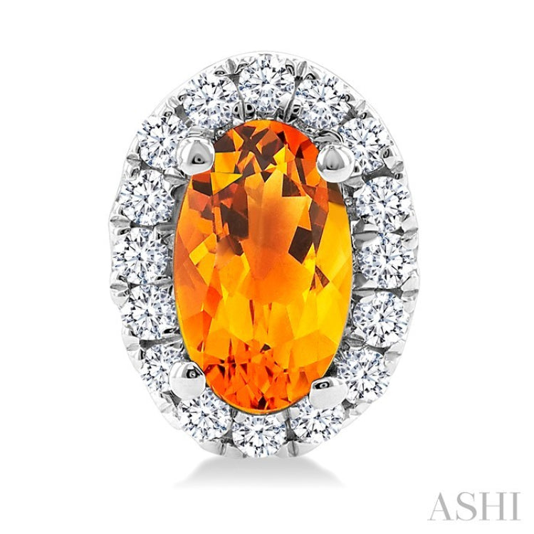 5x3 MM Oval Shape Citrine and 1/8 Ctw Round Cut Diamond Halo Semi-Precious Stud Earrings in 10K White Gold