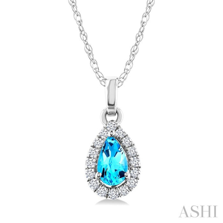5x3 MM Pear Shape Blue Topaz and 1/20 Ctw Round Cut Diamond Halo Semi-Precious Pendant with Chain in 10K White Gold