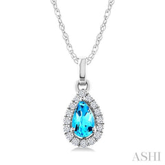 5x3 MM Pear Shape Blue Topaz and 1/20 Ctw Round Cut Diamond Halo Semi-Precious Pendant with Chain in 10K White Gold