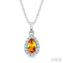 5x3 MM Pear Shape Citrine and 1/20 Ctw Round Cut Diamond Halo Semi-Precious Pendant with Chain in 10K White Gold