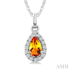 5x3 MM Pear Shape Citrine and 1/20 Ctw Round Cut Diamond Halo Semi-Precious Pendant with Chain in 10K White Gold