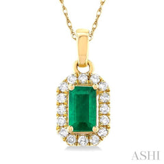 5x3 MM Octagonal Shape Emerald and 1/20 Ctw Single Cut Diamond Halo Precious Pendant with Chain in 14K Yellow Gold