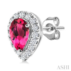 5x3 MM Pear Shape Pink Tourmaline and 1/8 Ctw Round Cut Diamond Halo Semi-Precious Stud Earrings in 10K White Gold
