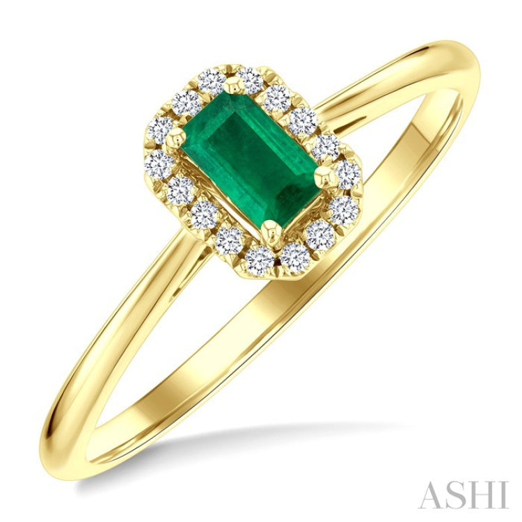 5x3 MM Octagonal Shape Emerald and 1/20 Ctw Round Cut Diamond Halo Precious Ring in 10K Yellow Gold