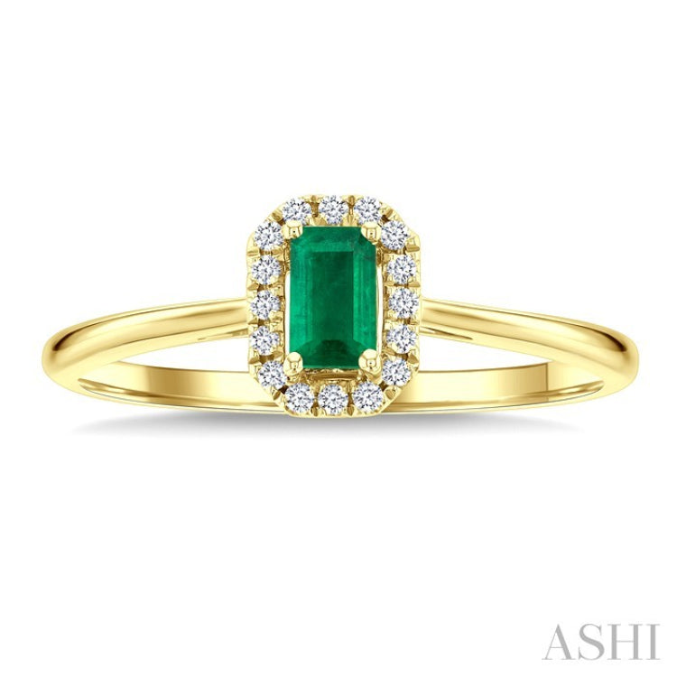 5x3 MM Octagonal Shape Emerald and 1/20 Ctw Round Cut Diamond Halo Precious Ring in 10K Yellow Gold