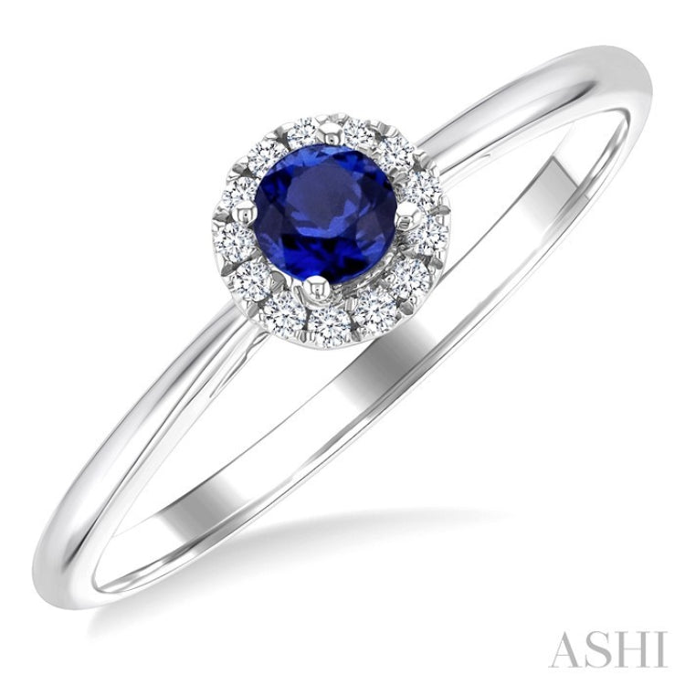 3.25 MM Round Sapphire and 1/20 Ctw Round Cut Diamond Halo Precious Ring in 10K White Gold
