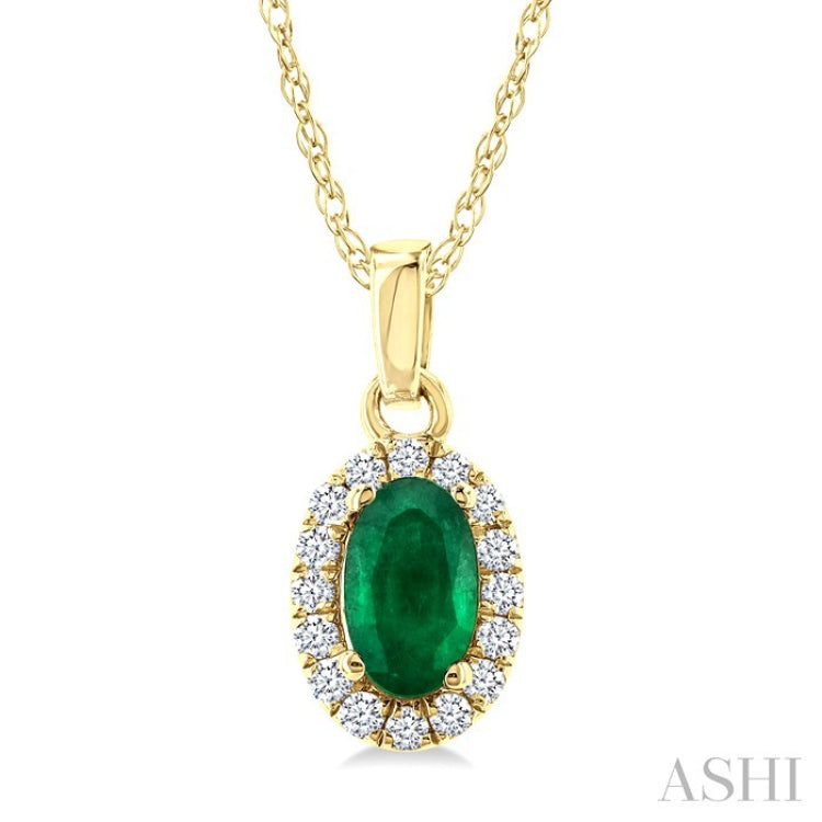 5x3 MM Oval Shape Emerald and 1/20 Ctw Round Cut Diamond Halo Precious Pendant with Chain in 10K Yellow Gold