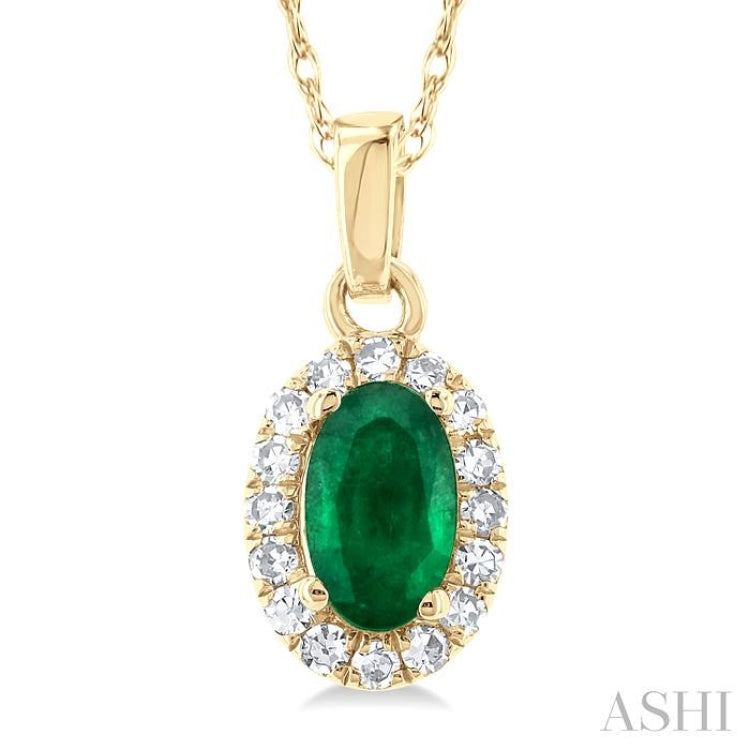 5x3 MM Oval Shape Emerald and 1/20 Ctw Single Cut Diamond Halo Precious Pendant with Chain in 10K Yellow Gold