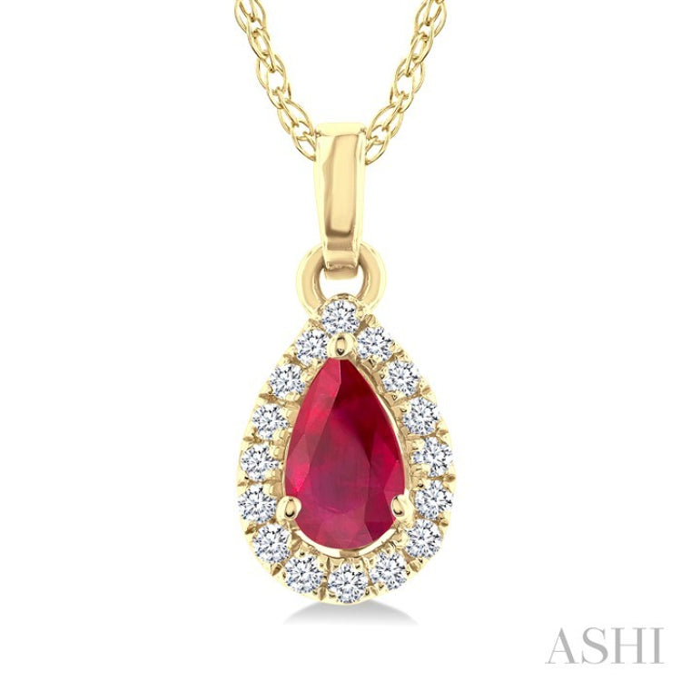 5x3 MM Pear Shape Ruby and 1/20 Ctw Round Cut Diamond Halo Precious Pendant with Chain in 10K Yellow Gold
