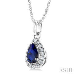 5x3 MM Pear Shape Sapphire and 1/20 Ctw Round Cut Diamond Halo Precious Pendant with Chain in 10K White Gold