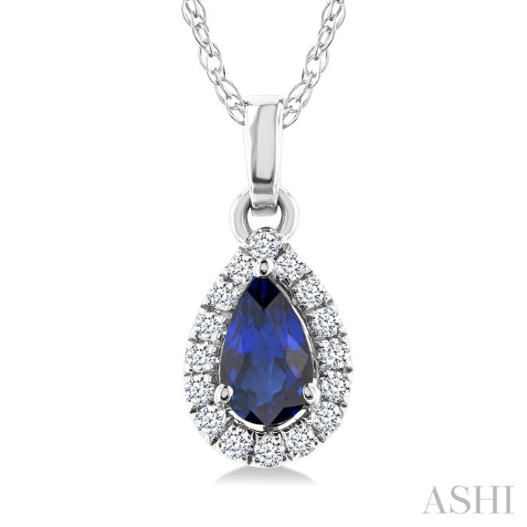 5x3 MM Pear Shape Sapphire and 1/20 Ctw Round Cut Diamond Halo Precious Pendant with Chain in 10K White Gold