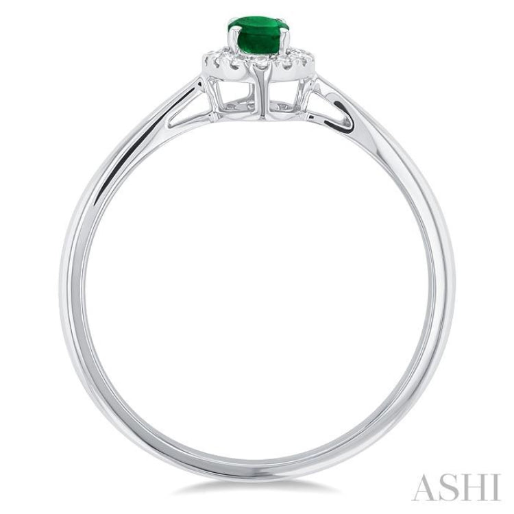 5x3 MM Oval Shape Emerald and 1/20 Ctw Single Cut Diamond Halo Precious Ring in 10K White Gold