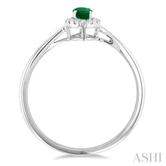 5x3 MM Oval Shape Emerald and 1/20 Ctw Round Cut Diamond Halo Precious Ring in 10K White Gold