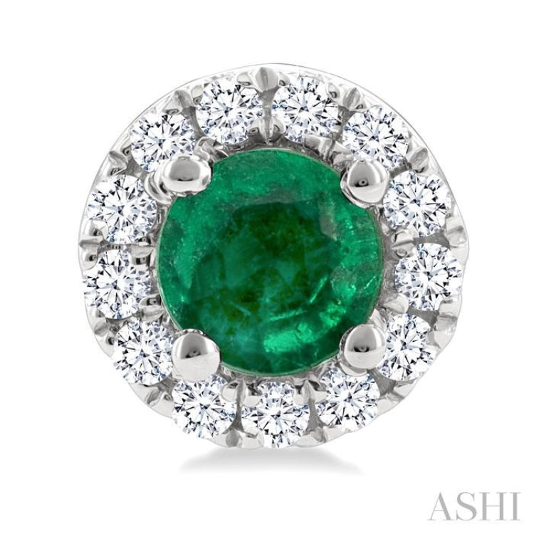 3.25 MM Round Emerald and 1/10 Ctw Round Cut Diamond Halo Precious Stud Earrings in 10K White Gold