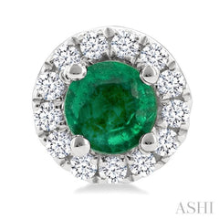 3.25 MM Round Emerald and 1/10 Ctw Round Cut Diamond Halo Precious Stud Earrings in 10K White Gold