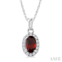 5x3 MM Oval Shape Garnet and 1/20 Ctw Round Cut Diamond Halo Semi-Precious Pendant with Chain in 14K White Gold
