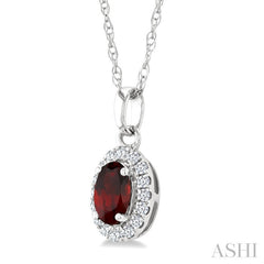 5x3 MM Oval Shape Garnet and 1/20 Ctw Round Cut Diamond Halo Semi-Precious Pendant with Chain in 14K White Gold