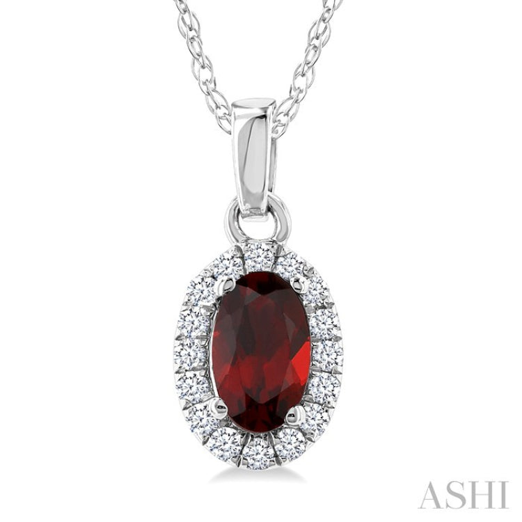 5x3 MM Oval Shape Garnet and 1/20 Ctw Round Cut Diamond Halo Semi-Precious Pendant with Chain in 14K White Gold