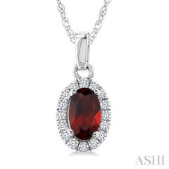 5x3 MM Oval Shape Garnet and 1/20 Ctw Round Cut Diamond Halo Semi-Precious Pendant with Chain in 14K White Gold