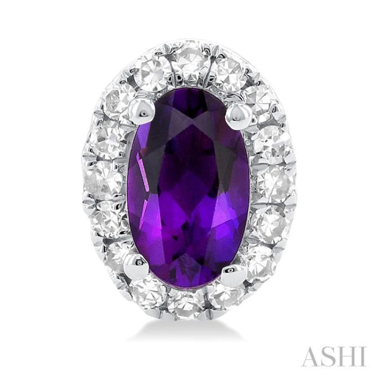 5x3 MM Oval Shape Amethyst and 1/8 Ctw Single Cut Diamond Halo Semi-Precious Stud Earrings in 10K White Gold