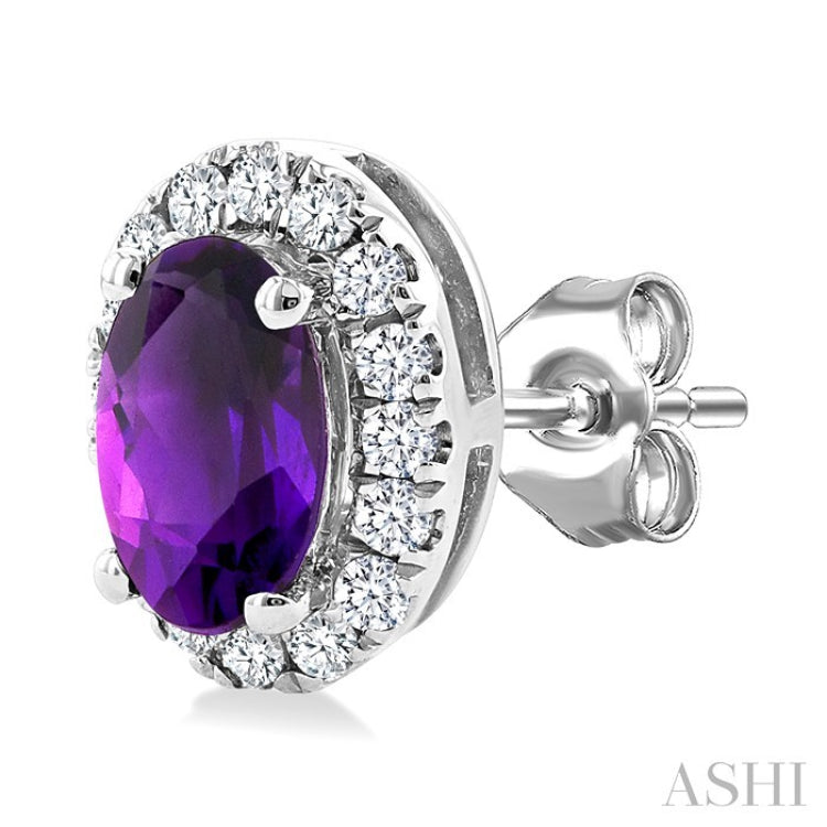 5x3 MM Oval Shape Amethyst and 1/8 Ctw Round Cut Diamond Halo Semi-Precious Stud Earrings in 10K White Gold