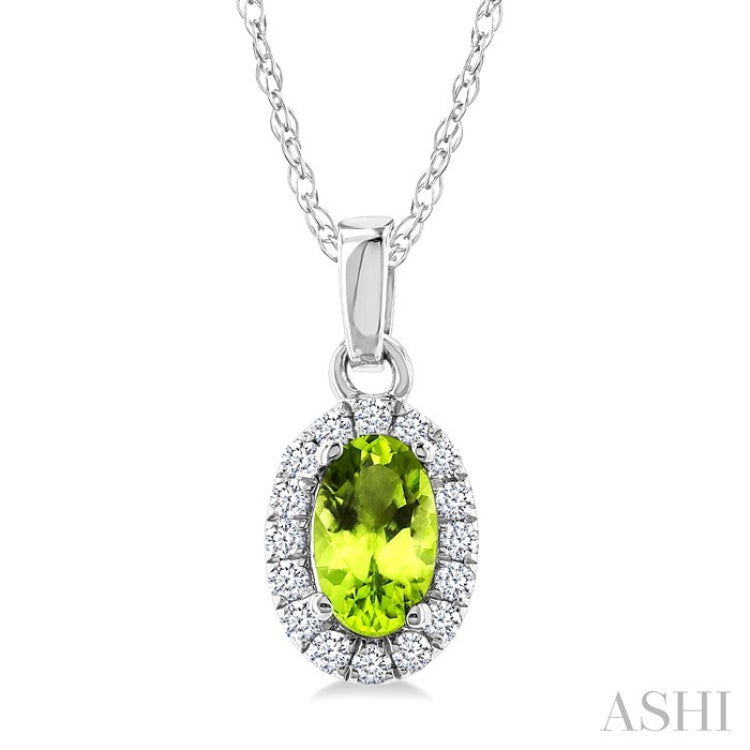 5x3 MM Oval Shape Peridot and 1/20 Ctw Round Cut Diamond Halo Semi-Precious Pendant with Chain in 14K White Gold