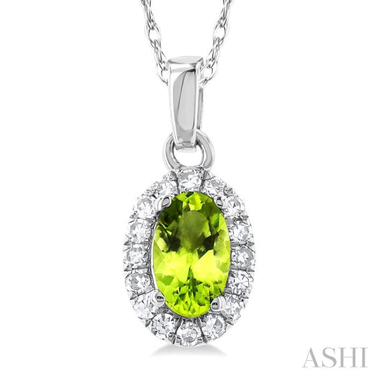 5x3 MM Oval Shape Peridot and 1/20 Ctw Single Cut Diamond Halo Semi-Precious Pendant with Chain in 14K White Gold