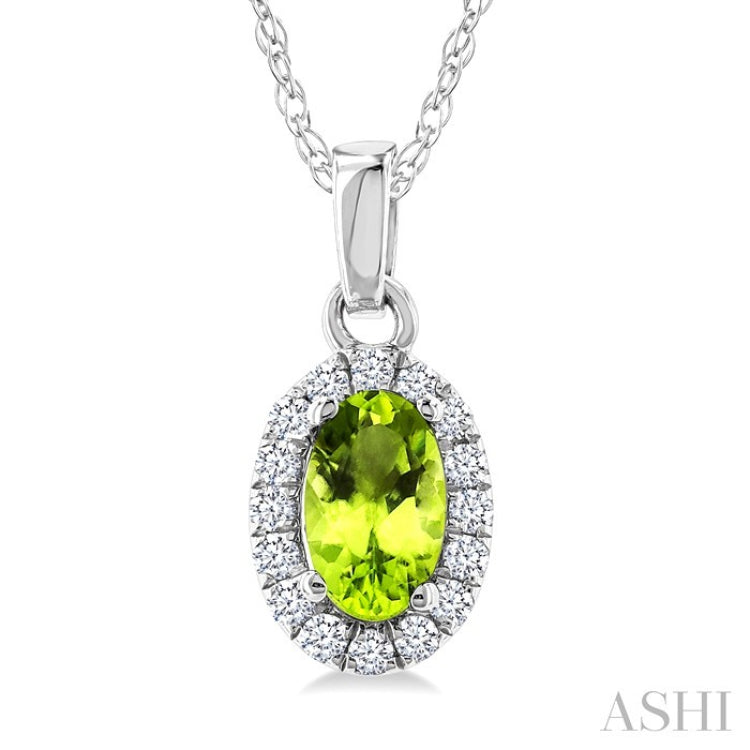 5x3 MM Oval Shape Peridot and 1/20 Ctw Round Cut Diamond Halo Semi-Precious Pendant with Chain in 14K White Gold