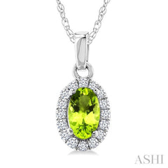 5x3 MM Oval Shape Peridot and 1/20 Ctw Round Cut Diamond Halo Semi-Precious Pendant with Chain in 14K White Gold