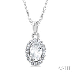 5x3 MM Oval Shape White Topaz and 1/20 Ctw Round Cut Diamond Halo Semi-Precious Pendant with Chain in 14K White Gold