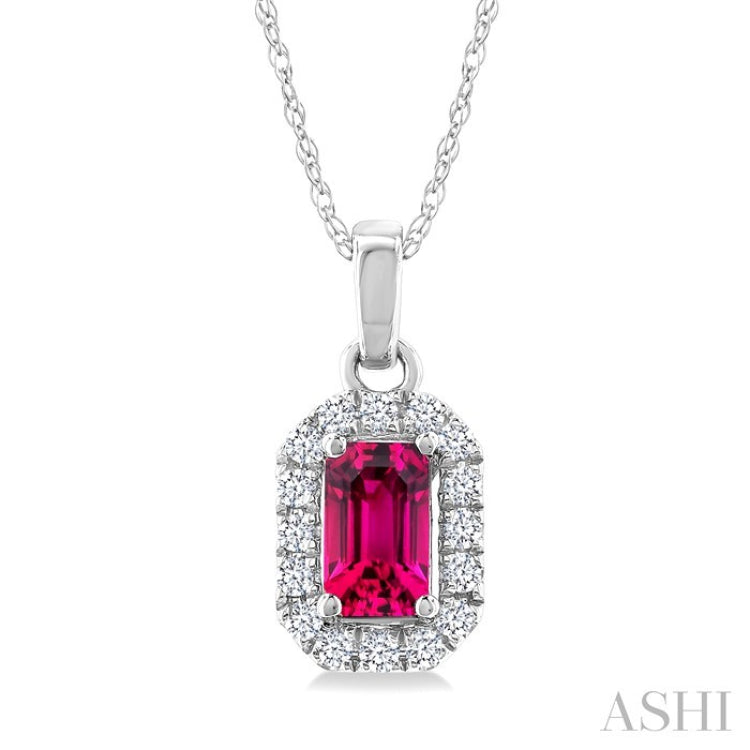 5x3 MM Octagonal Shape Pink Tourmaline and 1/20 Ctw Round Cut Diamond Halo Semi-Precious Pendant with Chain in 10K White Gold