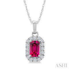 5x3 MM Octagonal Shape Pink Tourmaline and 1/20 Ctw Round Cut Diamond Halo Semi-Precious Pendant with Chain in 10K White Gold