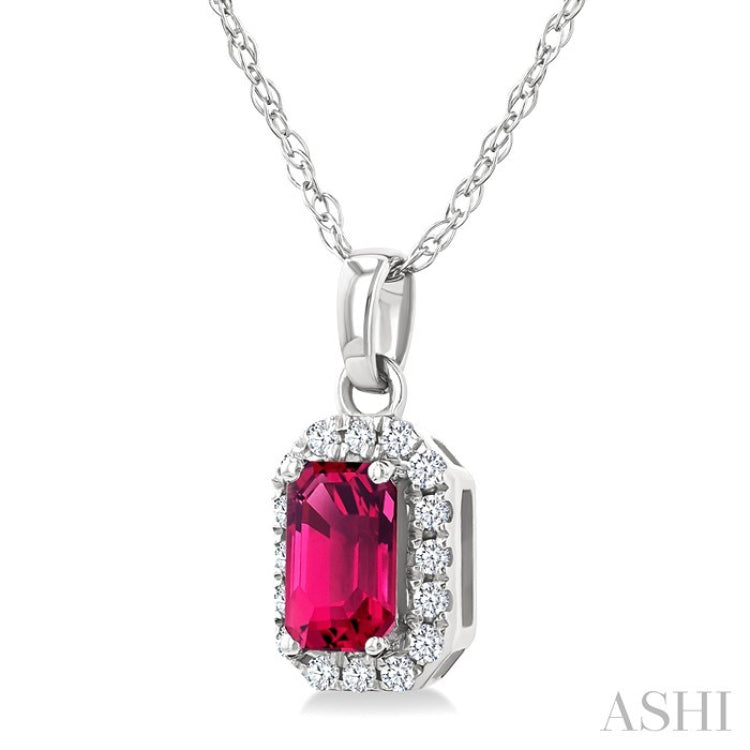 5x3 MM Octagonal Shape Pink Tourmaline and 1/20 Ctw Round Cut Diamond Halo Semi-Precious Pendant with Chain in 10K White Gold
