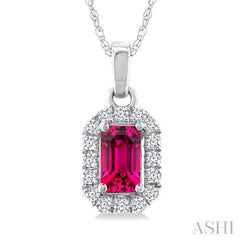 5x3 MM Octagonal Shape Pink Tourmaline and 1/20 Ctw Round Cut Diamond Halo Semi-Precious Pendant with Chain in 10K White Gold
