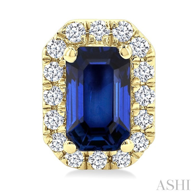 5x3 MM Octagonal Shape Sapphire and 1/8 Ctw Round Cut Diamond Halo Precious Stud Earrings in 14K Yellow Gold