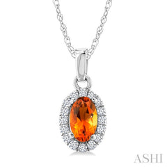 5x3 MM Oval Shape Citrine and 1/20 Ctw Round Cut Diamond Halo Semi-Precious Pendant with Chain in 10K White Gold