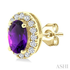 5x3 MM Oval Shape Amethyst and 1/8 Ctw Round Cut Diamond Halo Semi-Precious Stud Earrings in 10K Yellow Gold