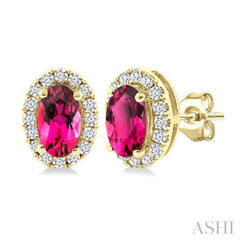 5x3 MM Oval Shape Pink Tourmaline and 1/8 Ctw Round Cut Diamond Halo Semi-Precious Stud Earrings in 10K Yellow Gold