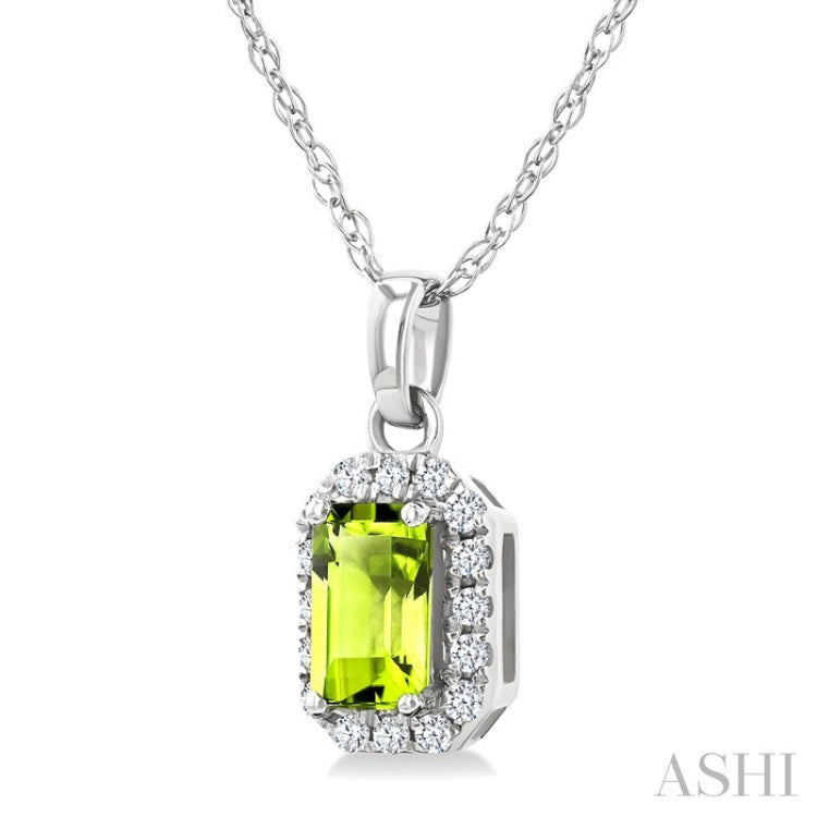 5x3 MM Octagonal Shape Peridot and 1/20 Ctw Round Cut Diamond Halo Semi-Precious Pendant with Chain in 10K White Gold