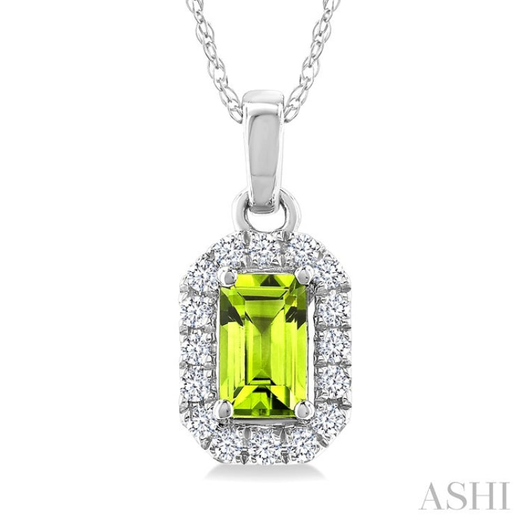 5x3 MM Octagonal Shape Peridot and 1/20 Ctw Round Cut Diamond Halo Semi-Precious Pendant with Chain in 10K White Gold